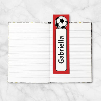 Printable Personalized Red Soccer Ball Bookmarks at Printable Planning. Example of bookmark in a 5x7 book.