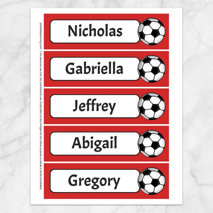 Printable Personalized Red Soccer Ball Bookmarks at Printable Planning. Sheet of 5 bookmarks.