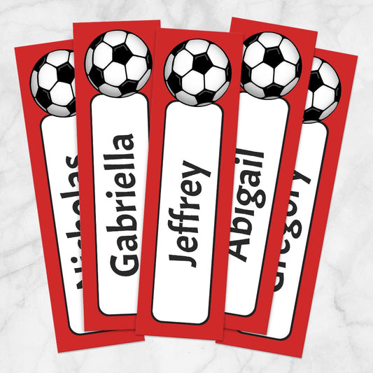 Printable Personalized Red Soccer Ball Bookmarks at Printable Planning. Example of 5 bookmarks.