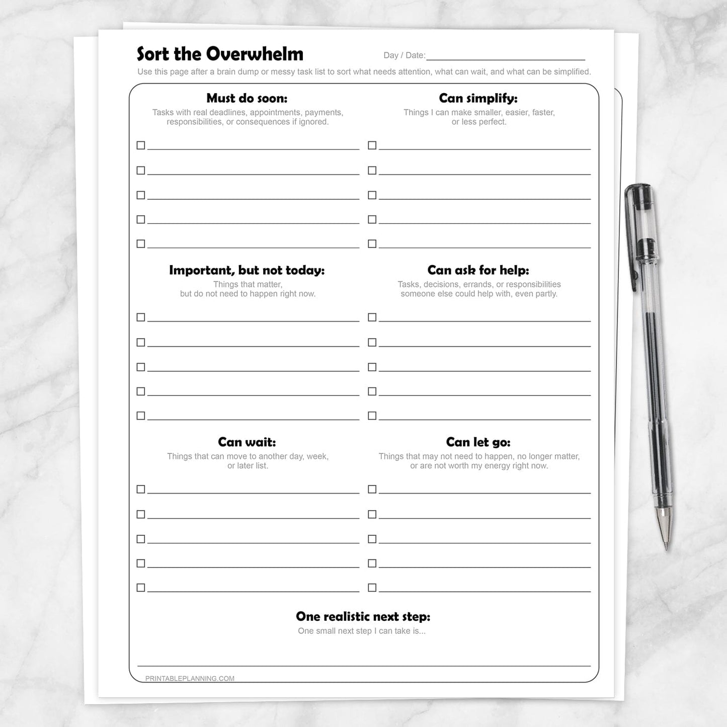 Sort the Overwhelm Printable Task Organizer shown on a marble surface with a pen.