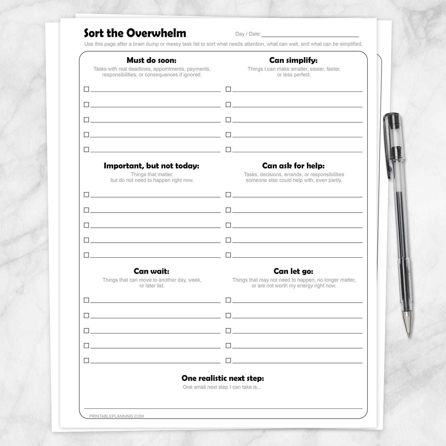 Sort the Overwhelm Printable Task Organizer shown on a marble surface with a pen.