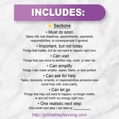 List of sections that are included on the Sort the Overwhelm Printable Task Organizer.