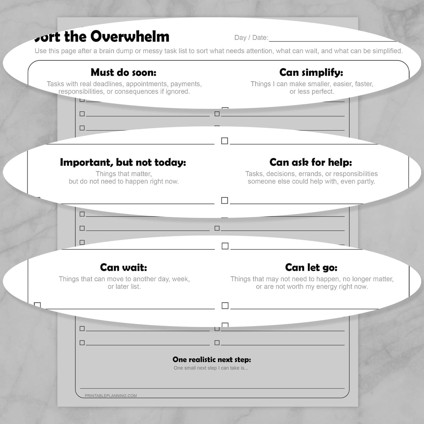 Zoomed in sections on the Sort the Overwhelm Printable Task Organizer to view the section details closer.
