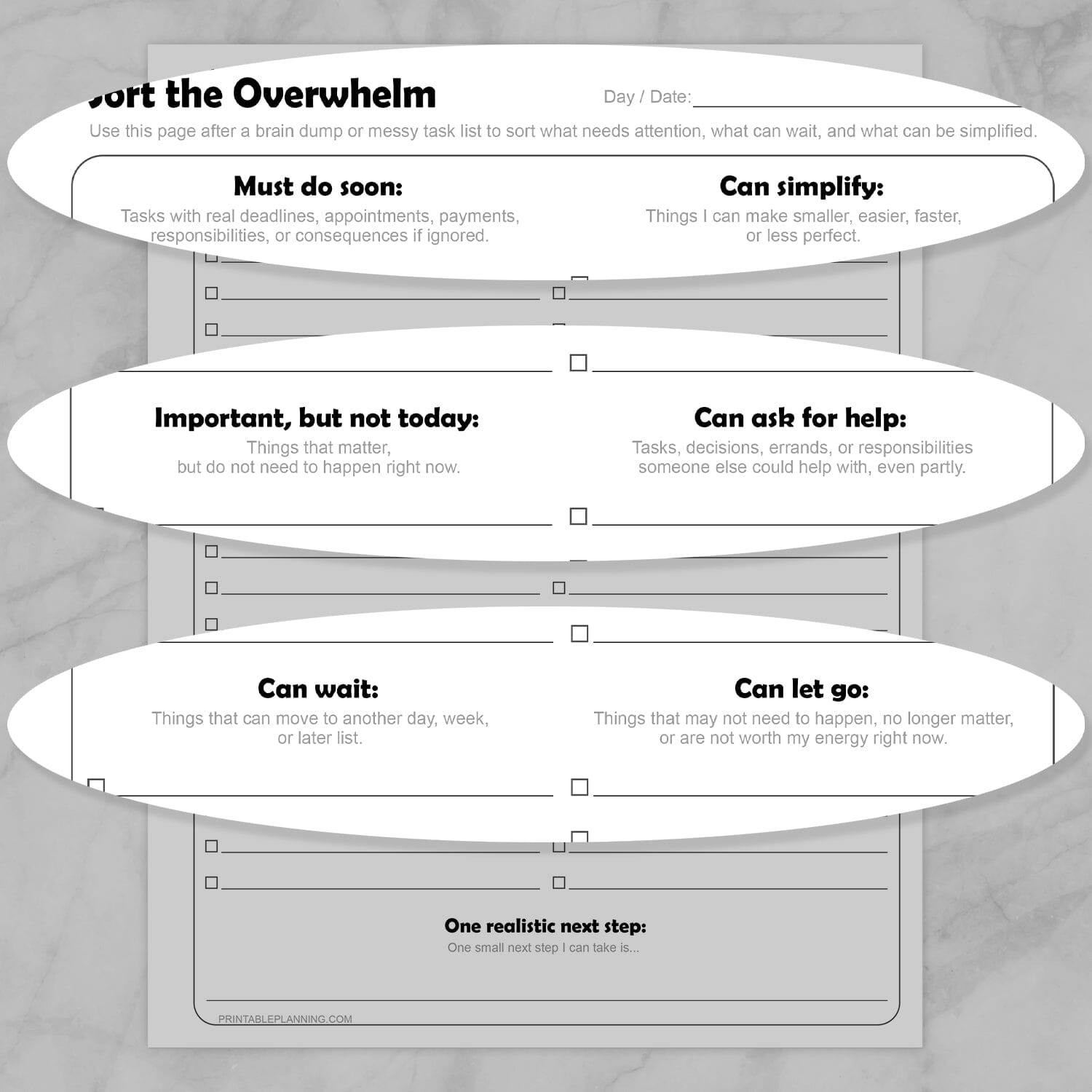 Zoomed in sections on the Sort the Overwhelm Printable Task Organizer to view the section details closer.