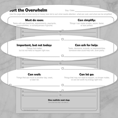 Zoomed in sections on the Sort the Overwhelm Printable Task Organizer to view the section details closer.
