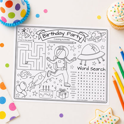 A black and white printable birthday party coloring activities sheet featuring a maze, astronaut, rocket, planet, word search, and space-themed doodles, styled on a white surface with colorful confetti, a polka-dot party hat, a cupcake, colored pencils, and a star-shaped cookie.