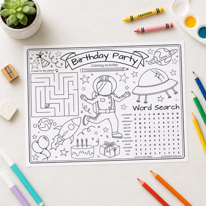 Space Birthday Party Coloring Activity Sheet shown on a tabletop with colored pencils, a plant, and other art supplies.