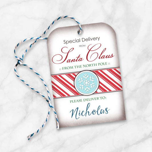 Printable Special Delivery from Santa Claus - Personalized Gift Tags at Printable Planning. Example of gift tag once you print it and put string through it.