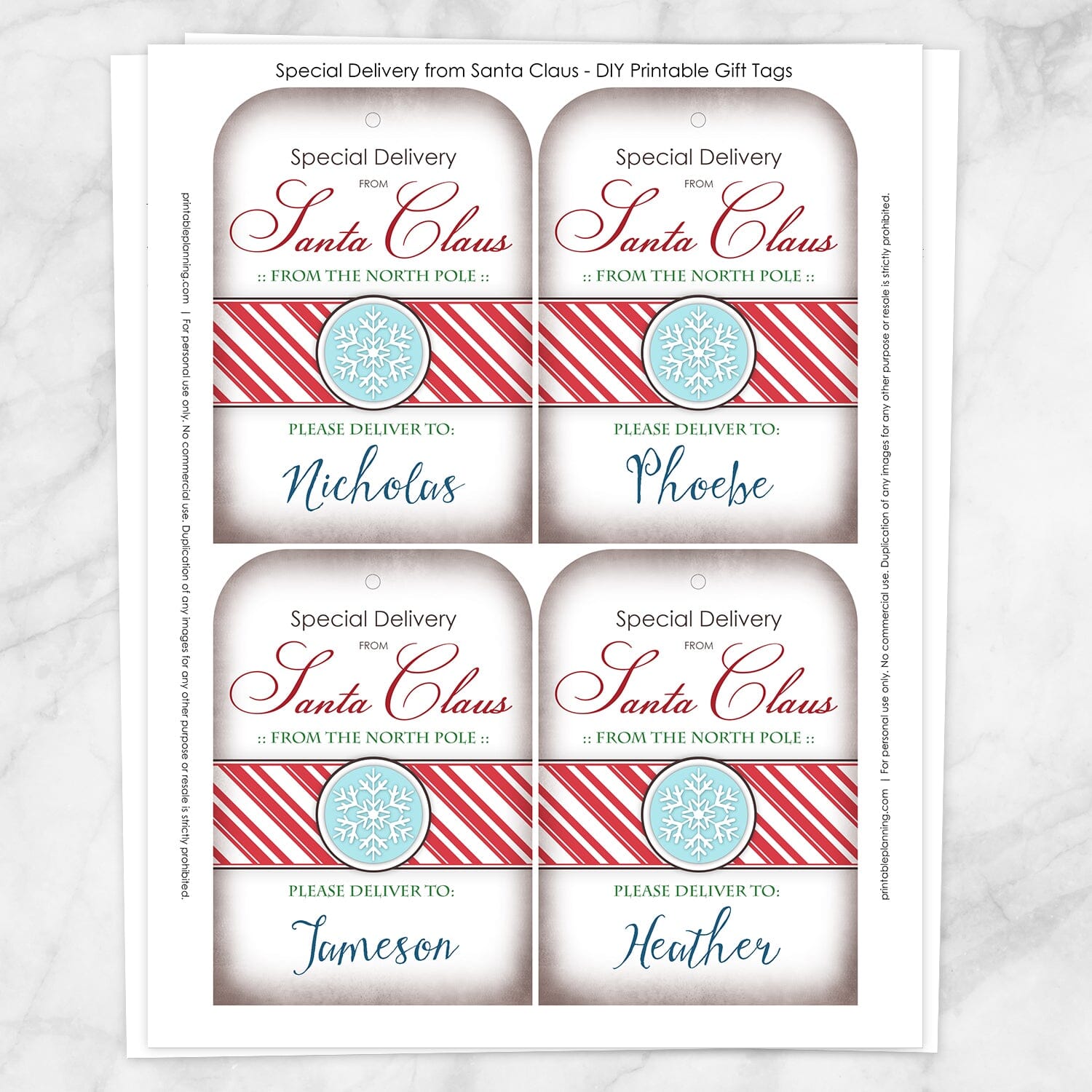 Printable Special Delivery from Santa Claus - Personalized Gift Tags at Printable Planning. Sheet of 4 gift tags.