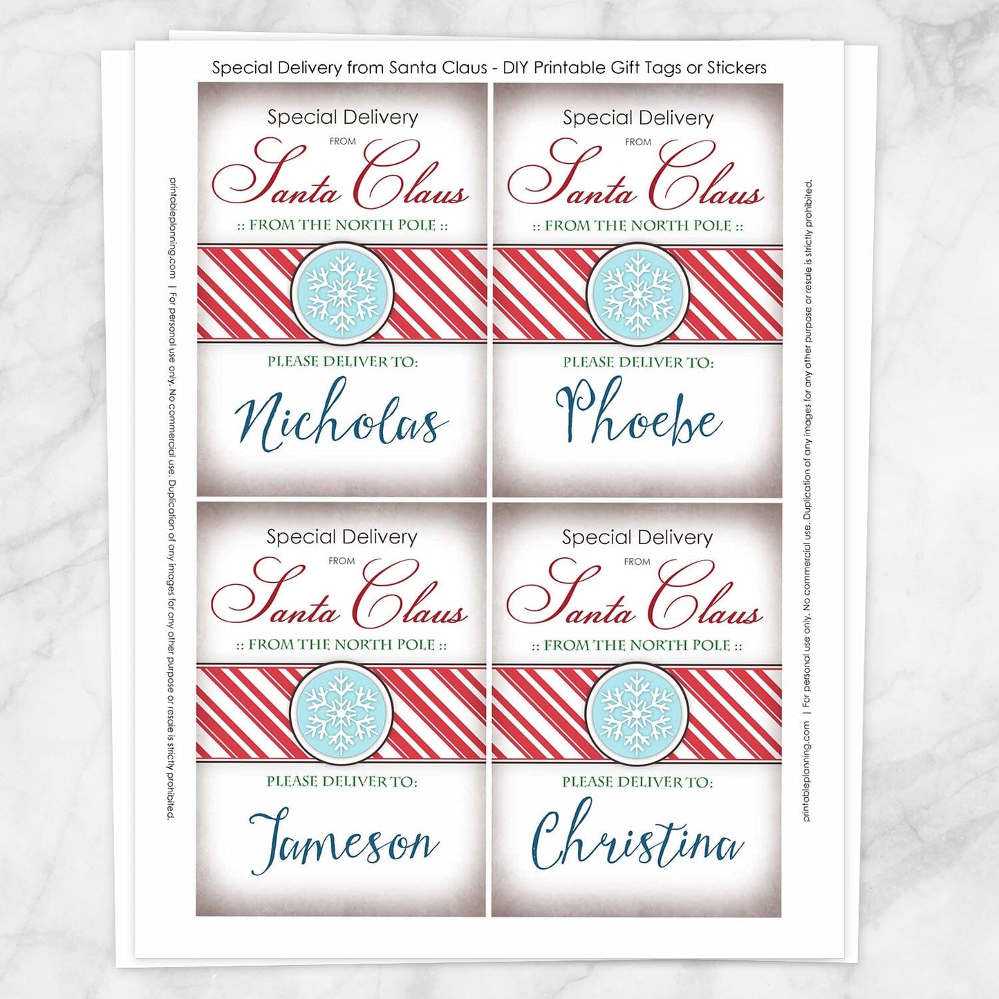 Printable Special Delivery from Santa Claus - Personalized Gift Tags or Stickers at Printable Planning. Sheet of 4.