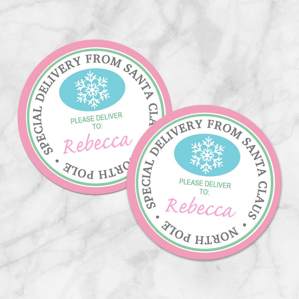 Printable Special Delivery from Santa Claus - Pink Round Personalized Gift Tags or Stickers at Printable Planning. Example of 2 stickers.