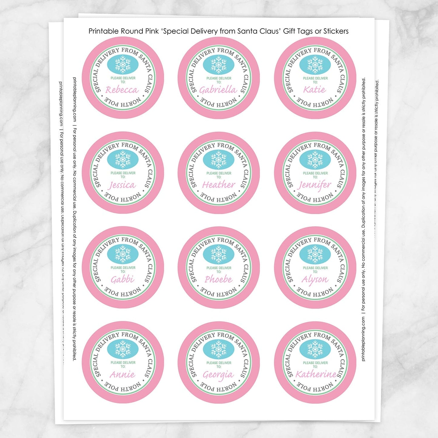 Printable Special Delivery from Santa Claus - Pink Round Personalized Gift Tags or Stickers at Printable Planning. Sheet of 12 stickers.