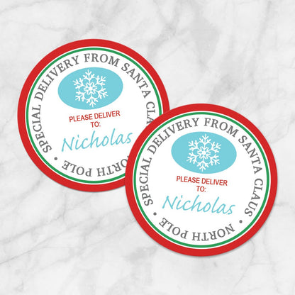 Printable Special Delivery from Santa Claus - Round Personalized Gift Tags or Stickers at Printable Planning. Example of 2 stickers.
