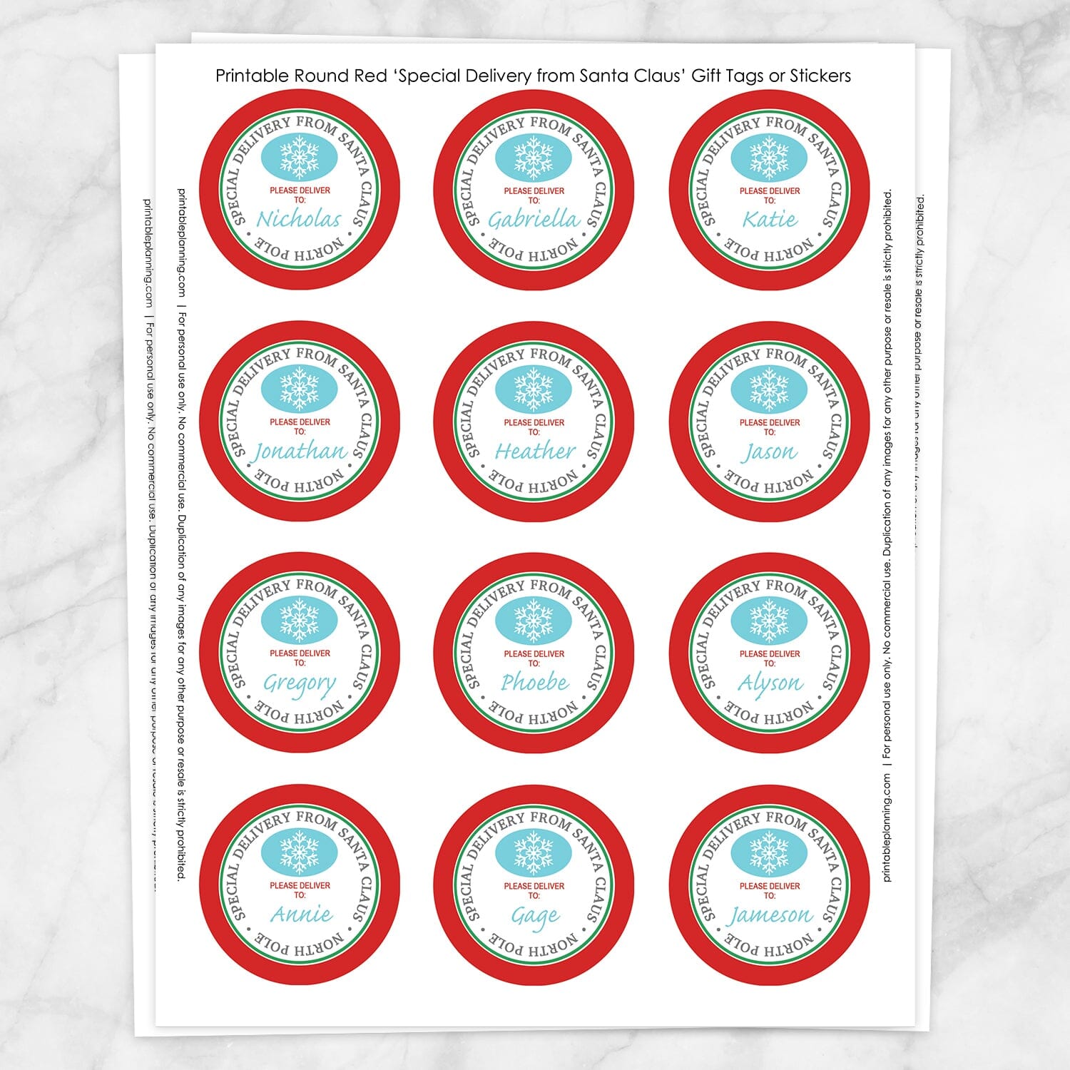 Printable Special Delivery from Santa Claus - Round Personalized Gift Tags or Stickers at Printable Planning. Sheet of 12 stickers.