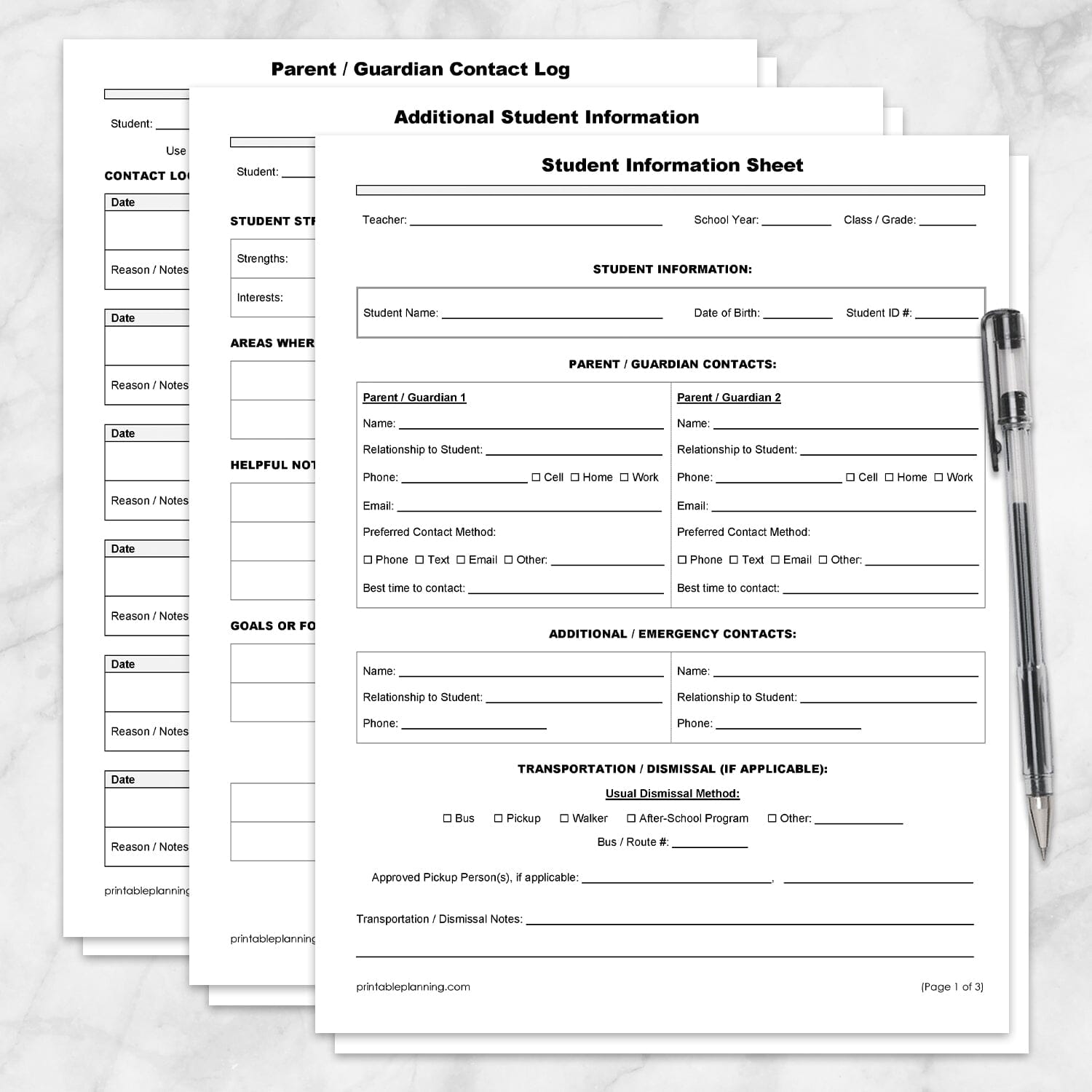 The three pages of the Student Information Sheet and Parent Contact Log shown on a marble surface with a pen.