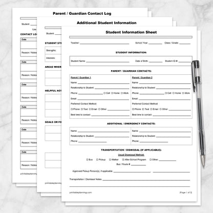 The three pages of the Student Information Sheet and Parent Contact Log shown on a marble surface with a pen.