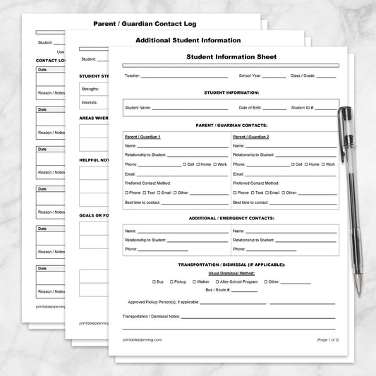 The three pages of the Student Information Sheet and Parent Contact Log shown on a marble surface with a pen.