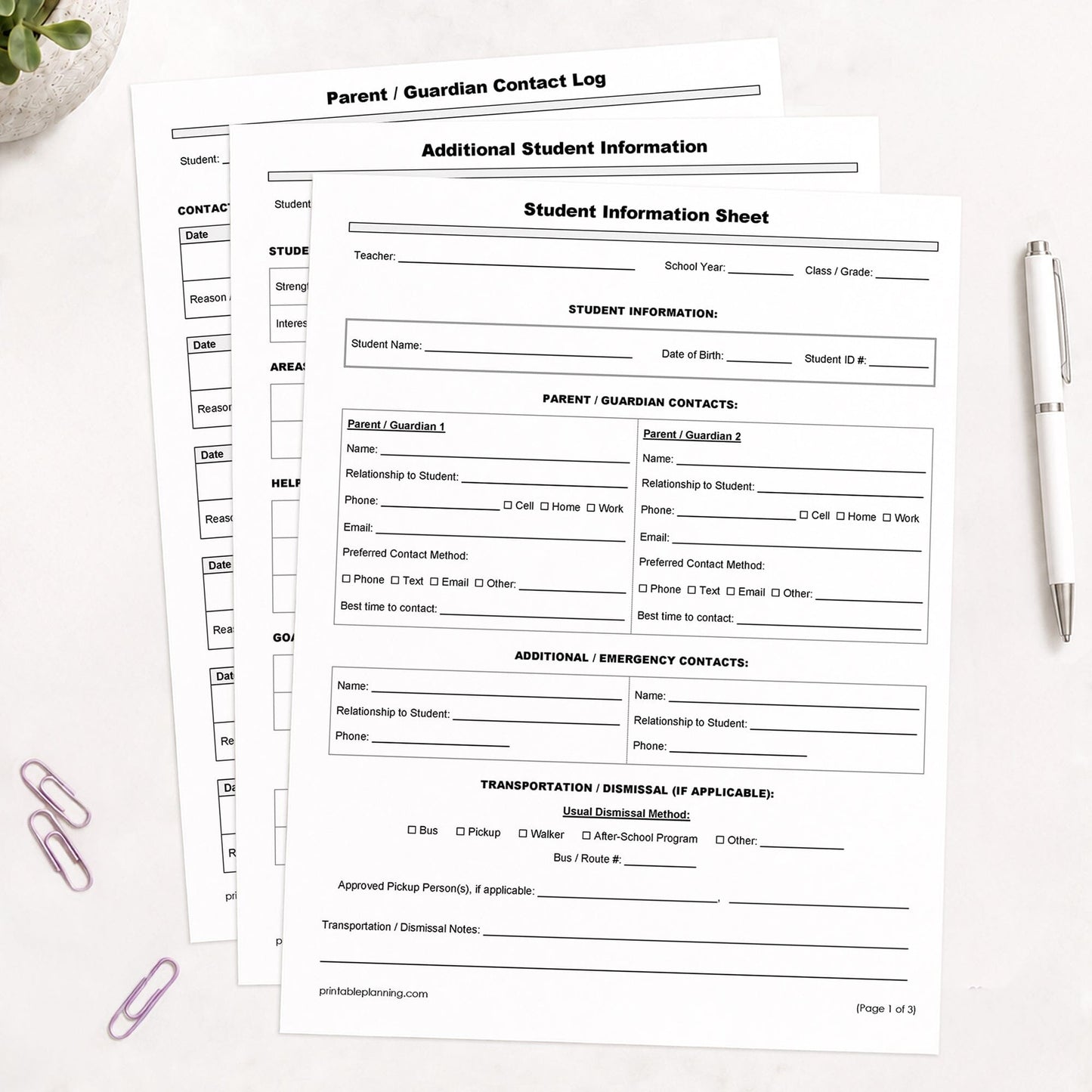 Three printed pages of the Student Information Sheet and Parent Contact Log (printable pages) shown on a table with a plant, paperclips, and a pen.