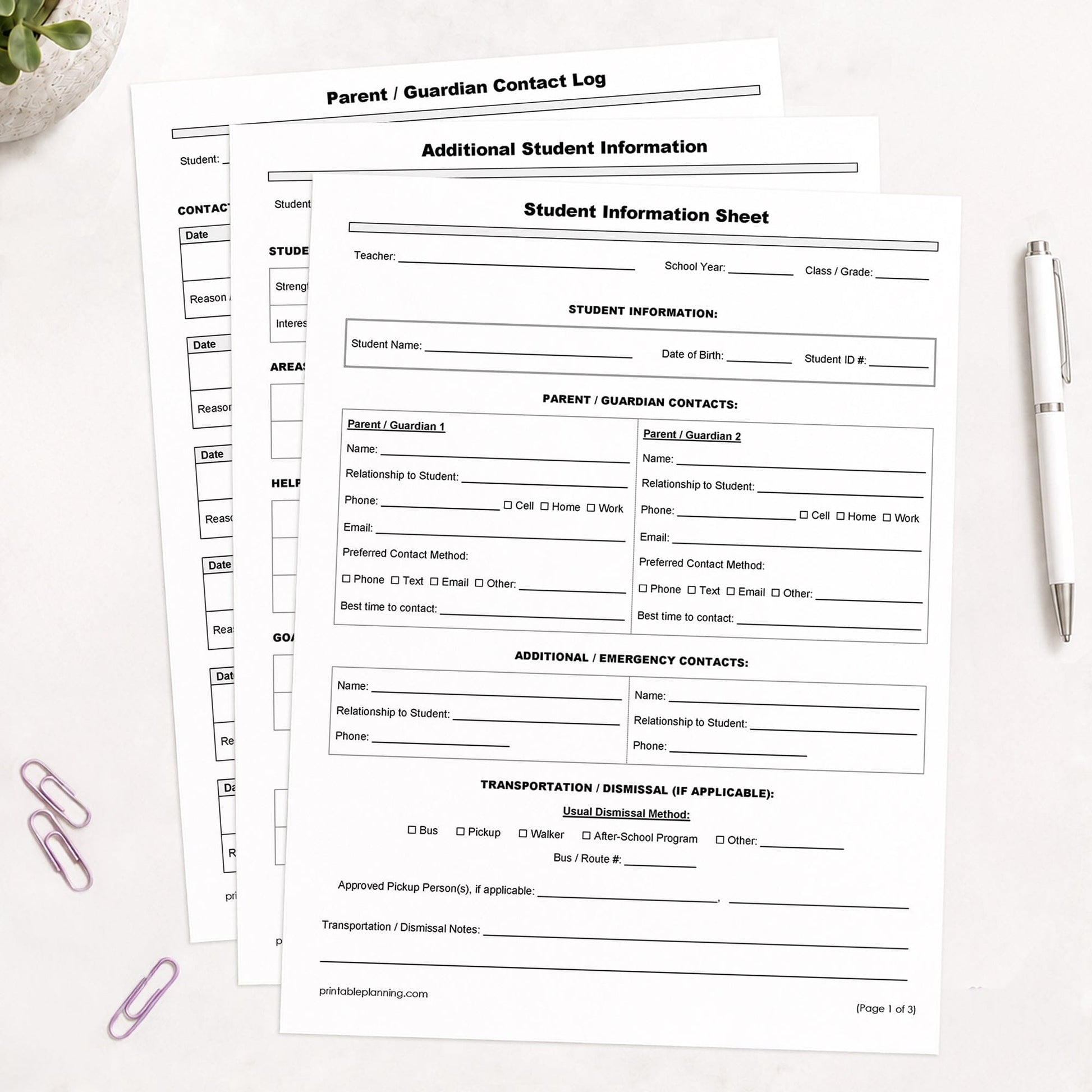 Three printed pages of the Student Information Sheet and Parent Contact Log (printable pages) shown on a table with a plant, paperclips, and a pen.