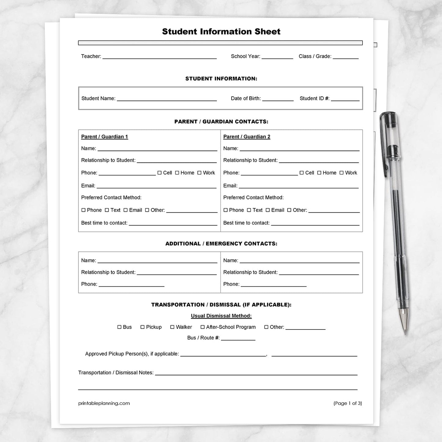The 1st page of the Student Information Sheet and Parent Contact Log, the printable Student Information sheet, shown on a marble surface with a pen.
