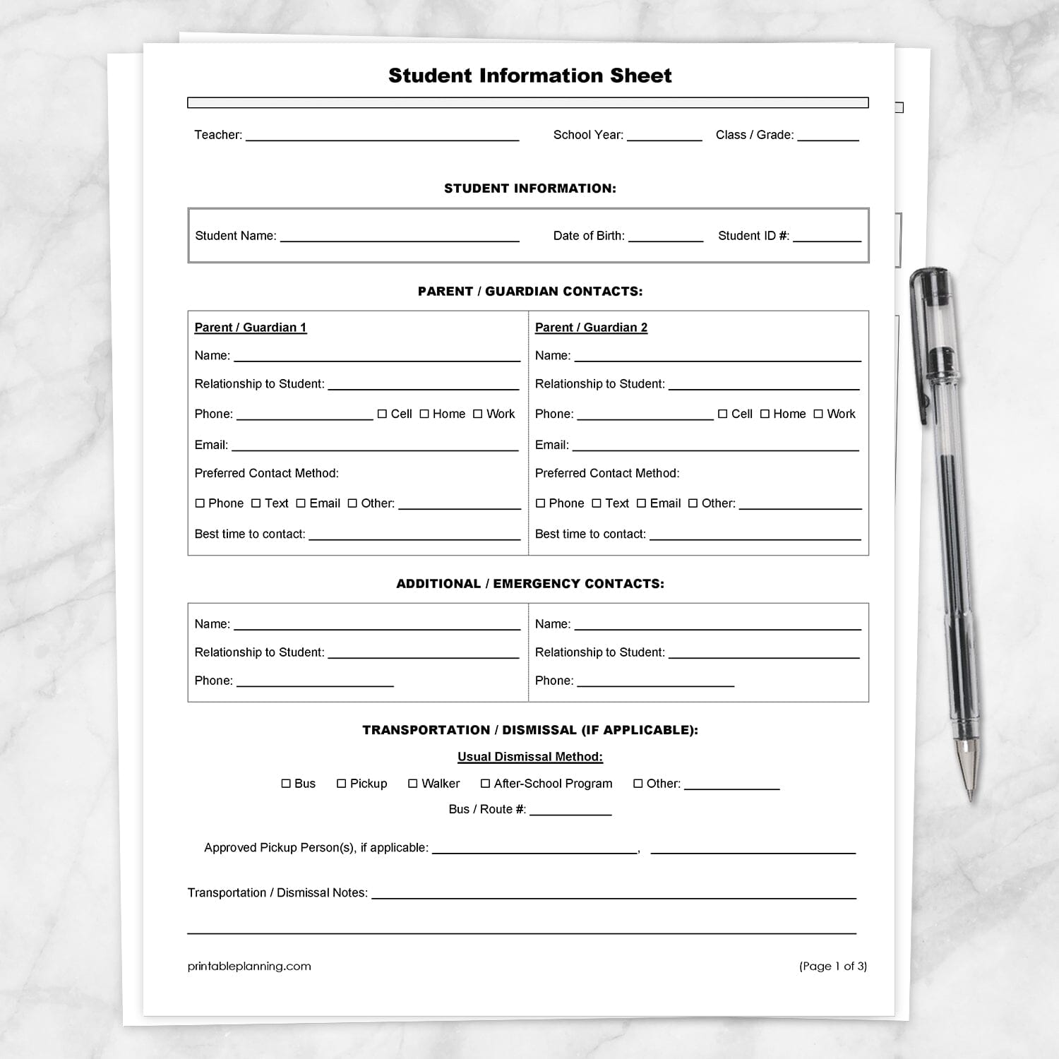 The 1st page of the Student Information Sheet and Parent Contact Log, the printable Student Information sheet, shown on a marble surface with a pen.