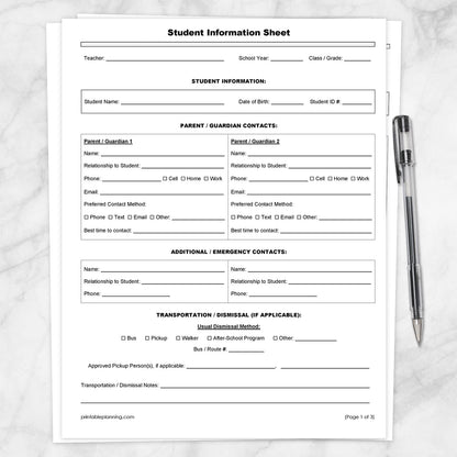 The 1st page of the Student Information Sheet and Parent Contact Log, the printable Student Information sheet, shown on a marble surface with a pen.