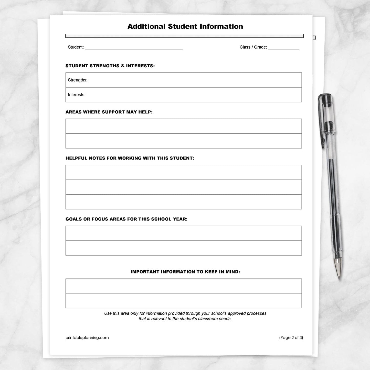 The 2nd page of the Student Information Sheet and Parent Contact Log, the printable Additional Student Information sheet, shown on a marble surface with a pen.
