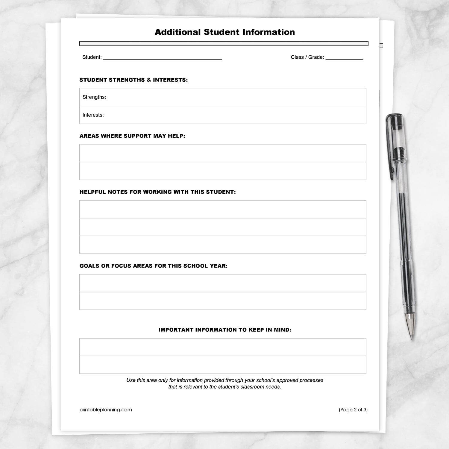 The 2nd page of the Student Information Sheet and Parent Contact Log, the printable Additional Student Information sheet, shown on a marble surface with a pen.