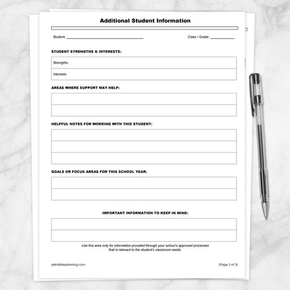 The 2nd page of the Student Information Sheet and Parent Contact Log, the printable Additional Student Information sheet, shown on a marble surface with a pen.