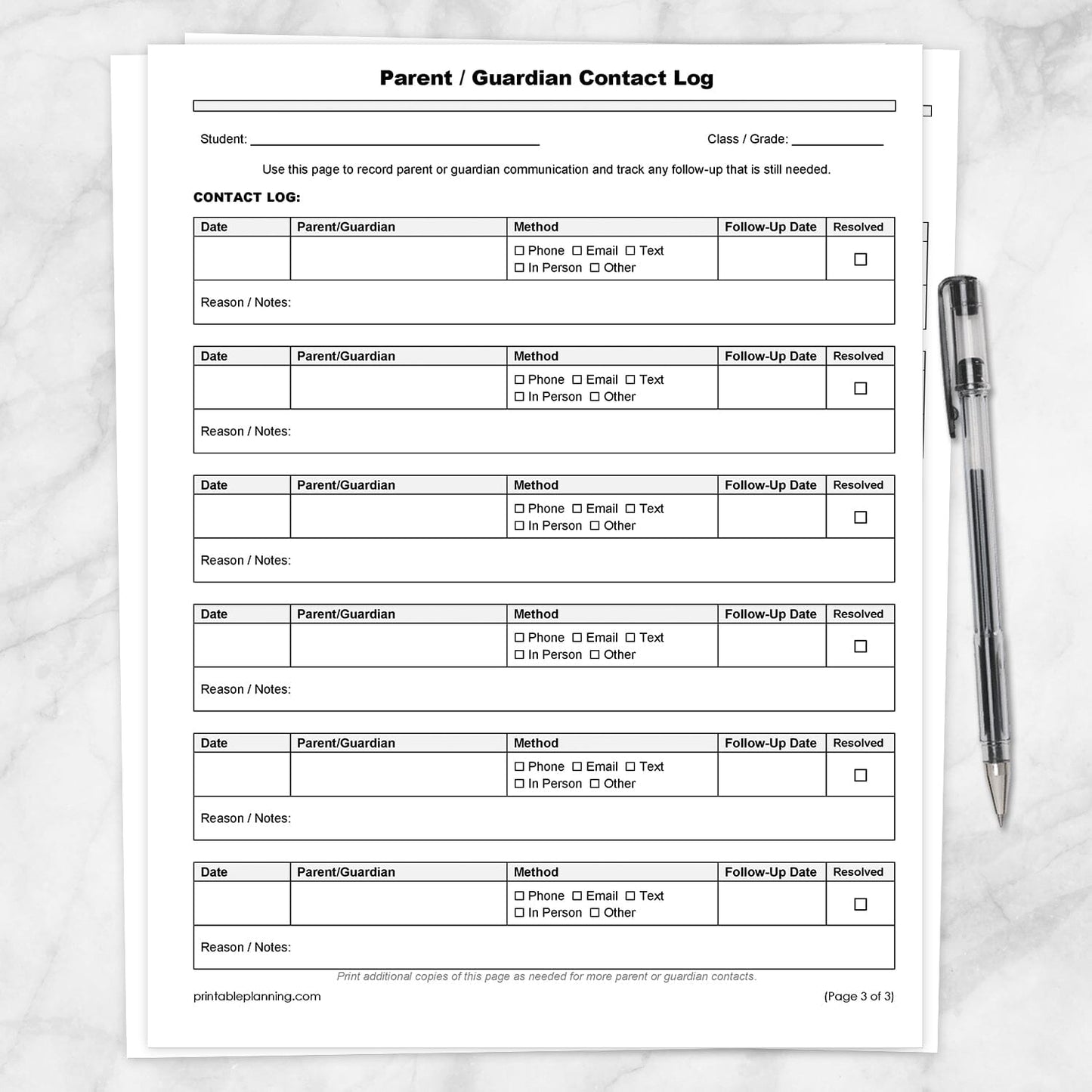 The 3rd page of the Student Information Sheet and Parent Contact Log, the printable Parent/Guardian Contact Log, shown on a marble surface with a pen.