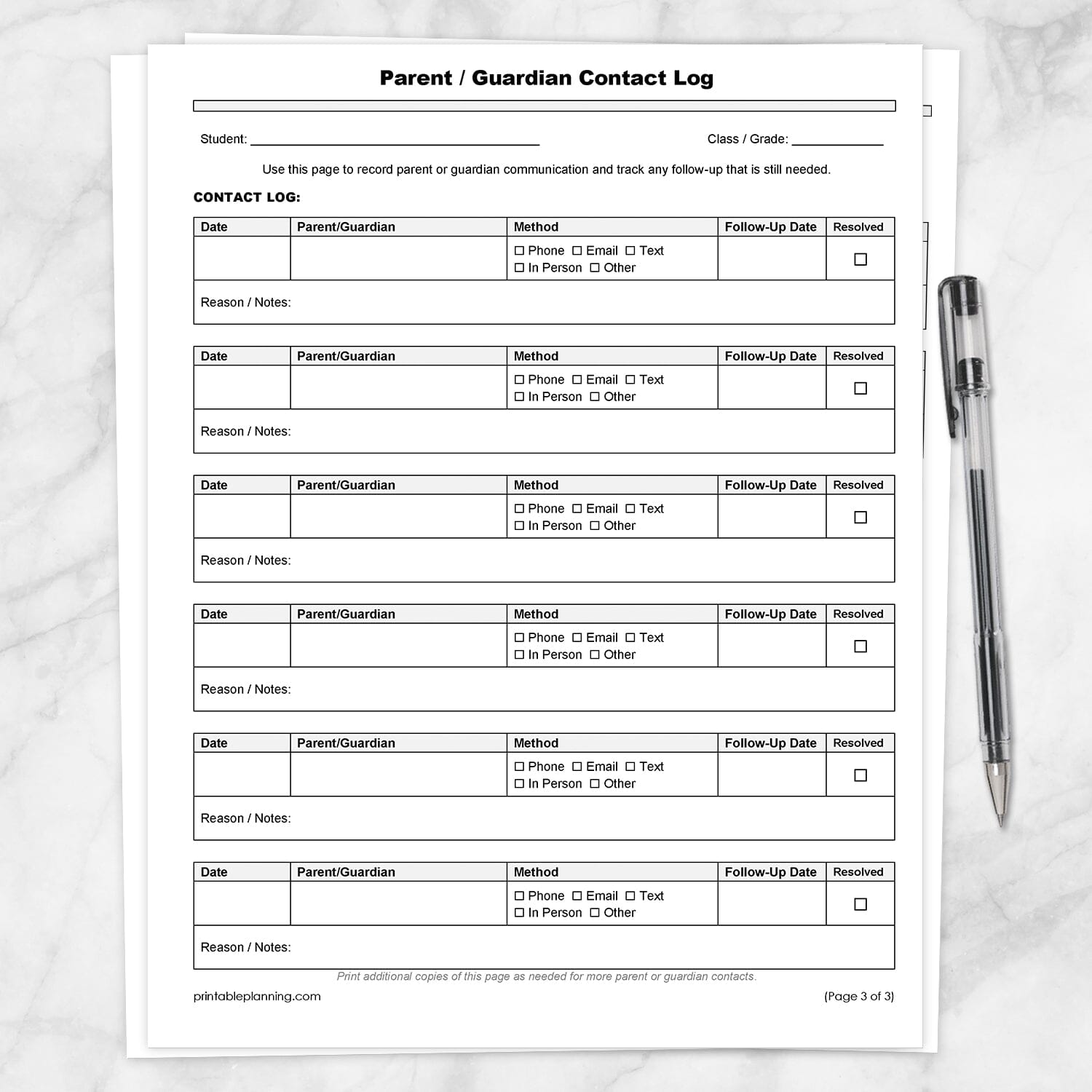 The 3rd page of the Student Information Sheet and Parent Contact Log, the printable Parent/Guardian Contact Log, shown on a marble surface with a pen.