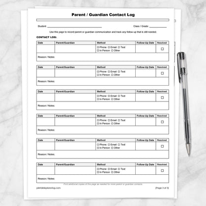 The 3rd page of the Student Information Sheet and Parent Contact Log, the printable Parent/Guardian Contact Log, shown on a marble surface with a pen.