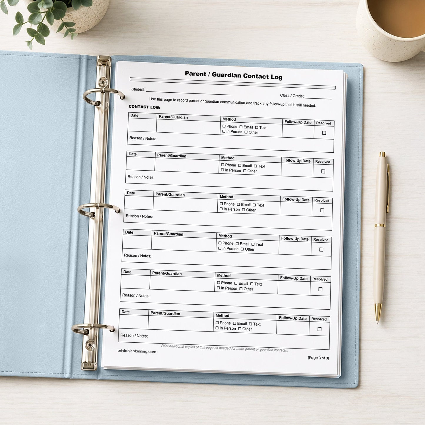 The printed 3rd page of the Student Information Sheet and Parent Contact Log, the Parent/Guardian Contact Log, shown in a light blue binder on a desk with a plant, coffee, and a pen.