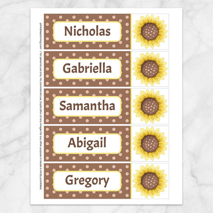 Printable Personalized Sunflower Polka Dot Bookmarks at Printable Planning. Sheet of 5 bookmarks.