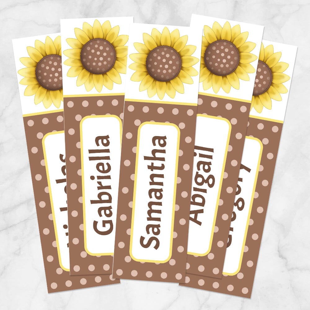 Printable Personalized Sunflower Polka Dot Bookmarks at Printable Planning. Example of 5 bookmarks.