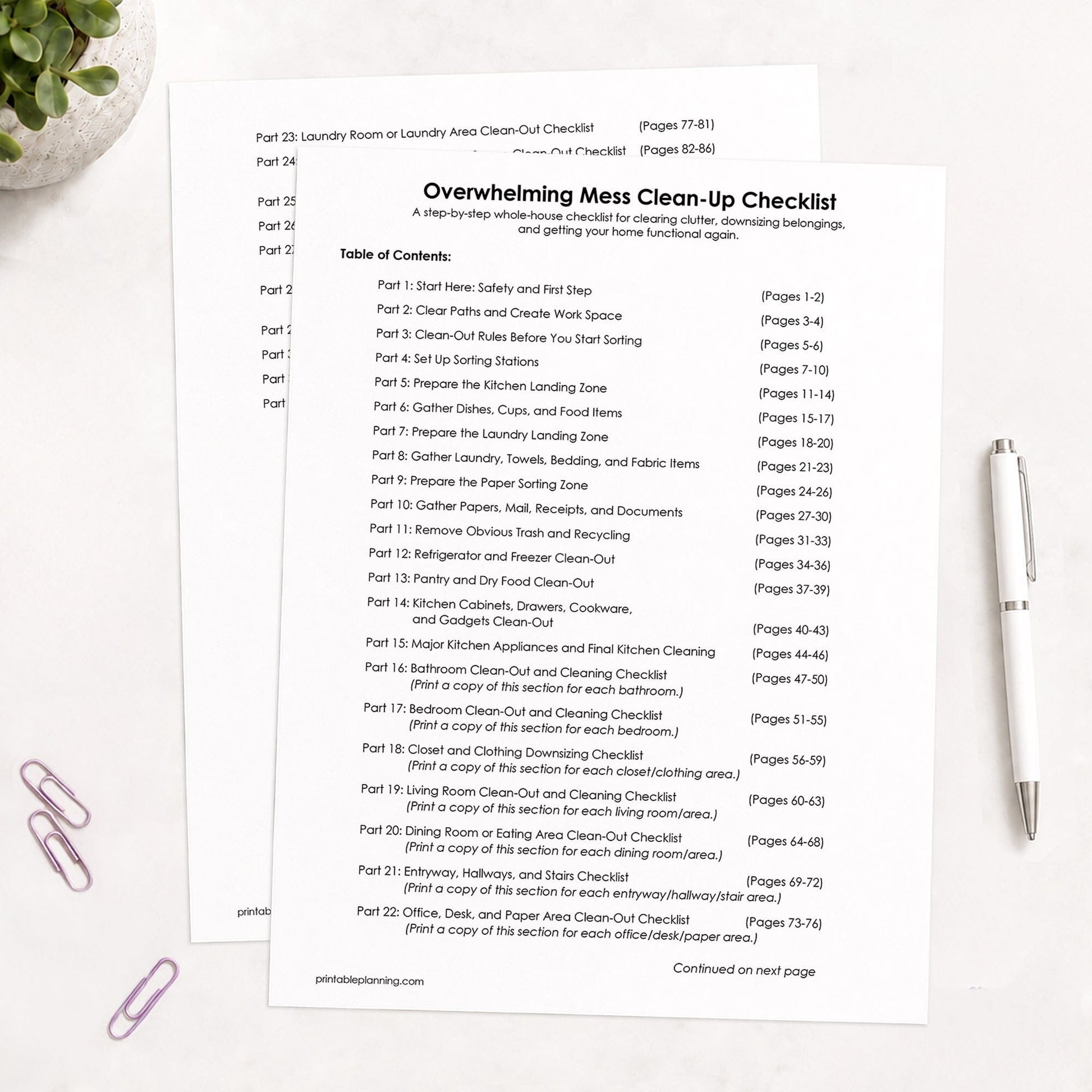Printed pages of the Table of Contents for the Overwhelming Mess Clean-Up Checklist, shown on a light table with a plant, paperclips, and a pen.