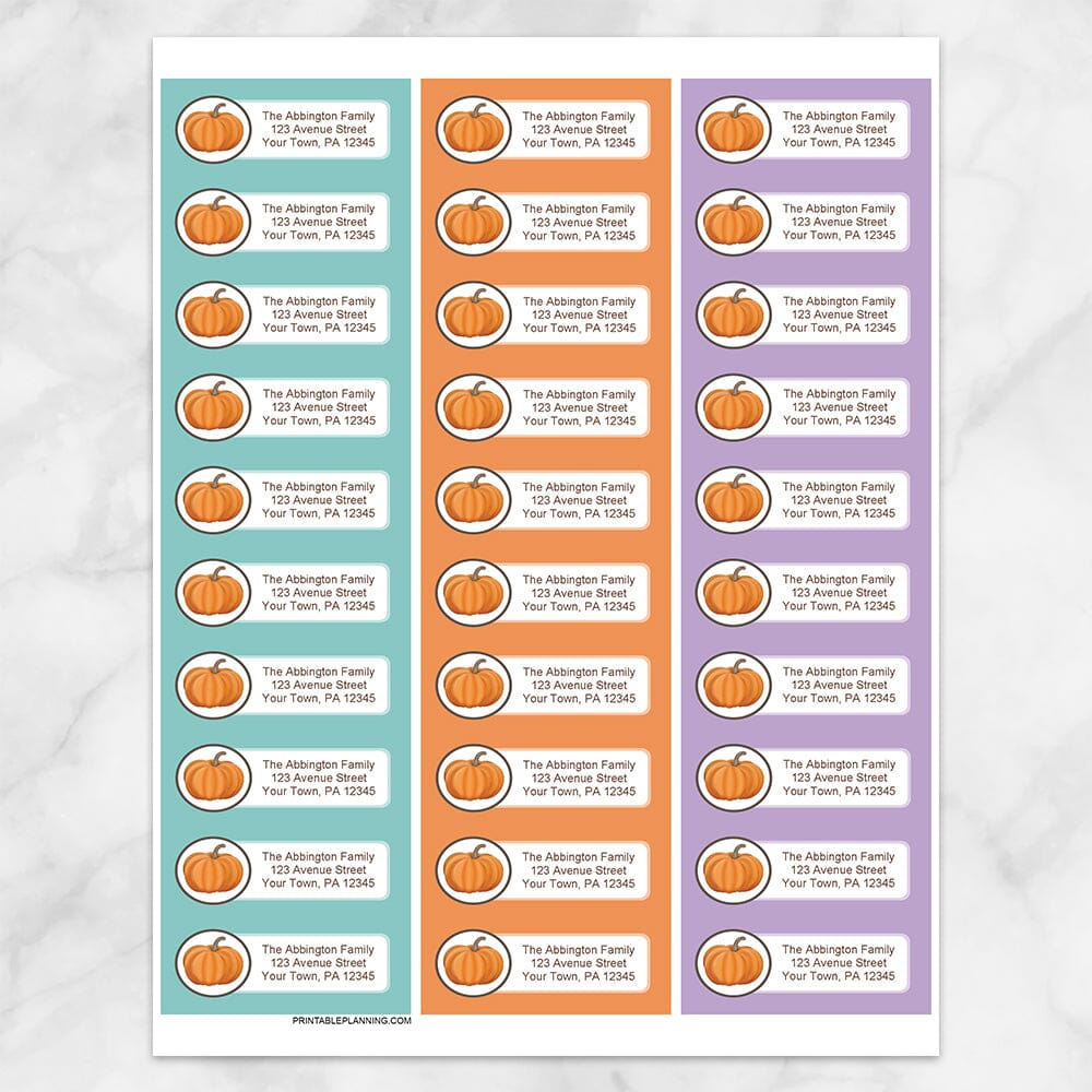 Printable Teal Orange and Purple Pumpkin Address Labels at Printable Planning. Sheet of 30 labels.