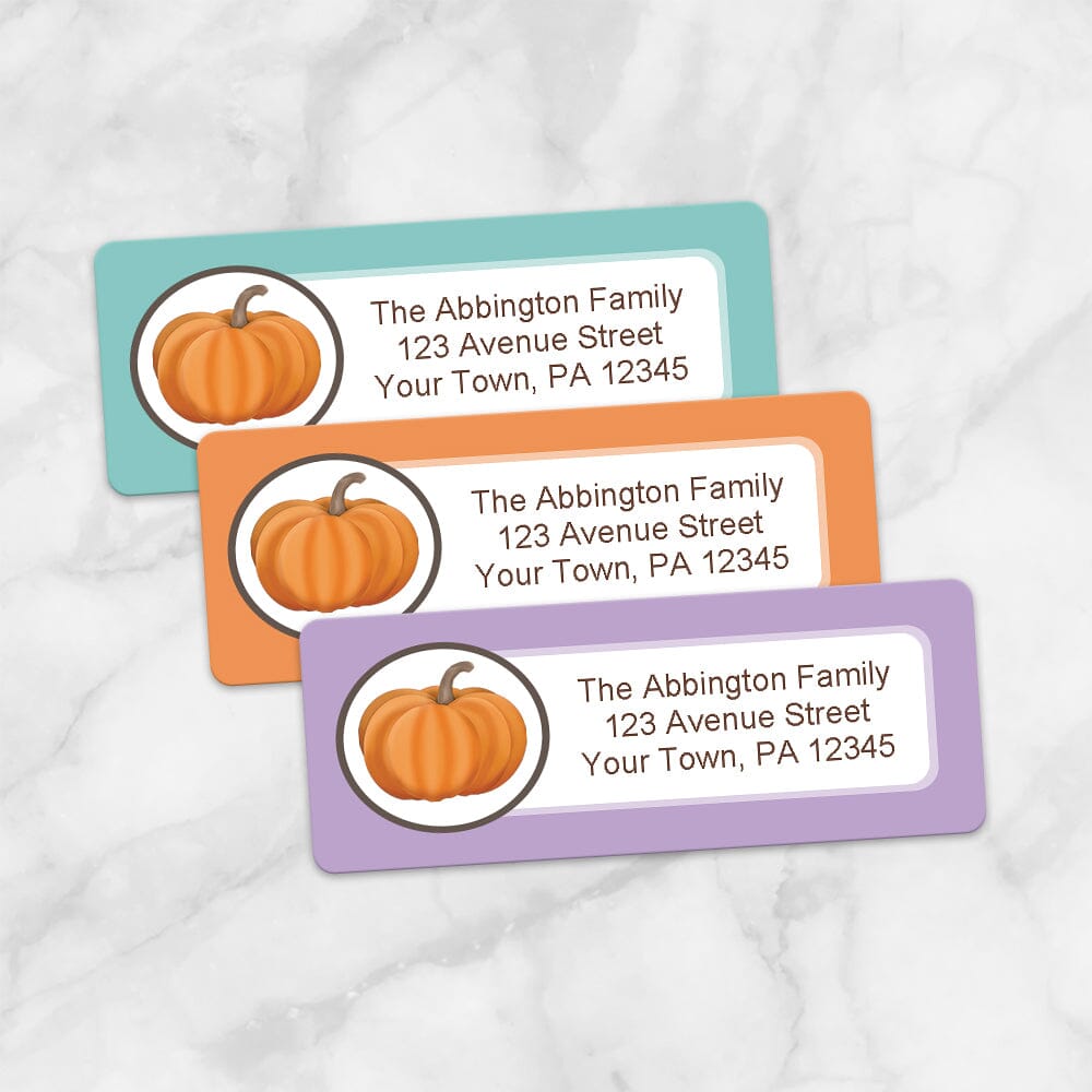 Printable Teal Orange and Purple Pumpkin Address Labels at Printable Planning. View of 3 different colored labels.