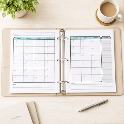The printed Teal Undated Monthly Planner (printable) Pages shown in a beige binder as facing pages on a desk with a plant, coffee, notebooks, and a pen.
