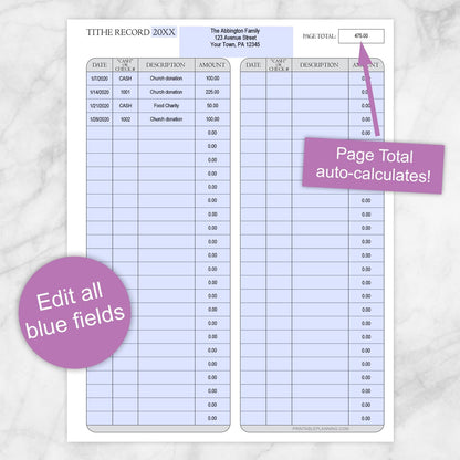 Printable Tithe Record with Auto-Calculating Total at Printable Planning. Infographic shows that all blue fields can be edited and the page total auto-calculates.