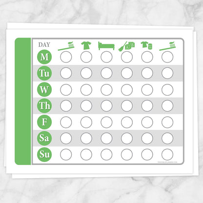 Printable Toddler Chore Chart - Green Daily Routine Weekly Pages at Printable Planning.