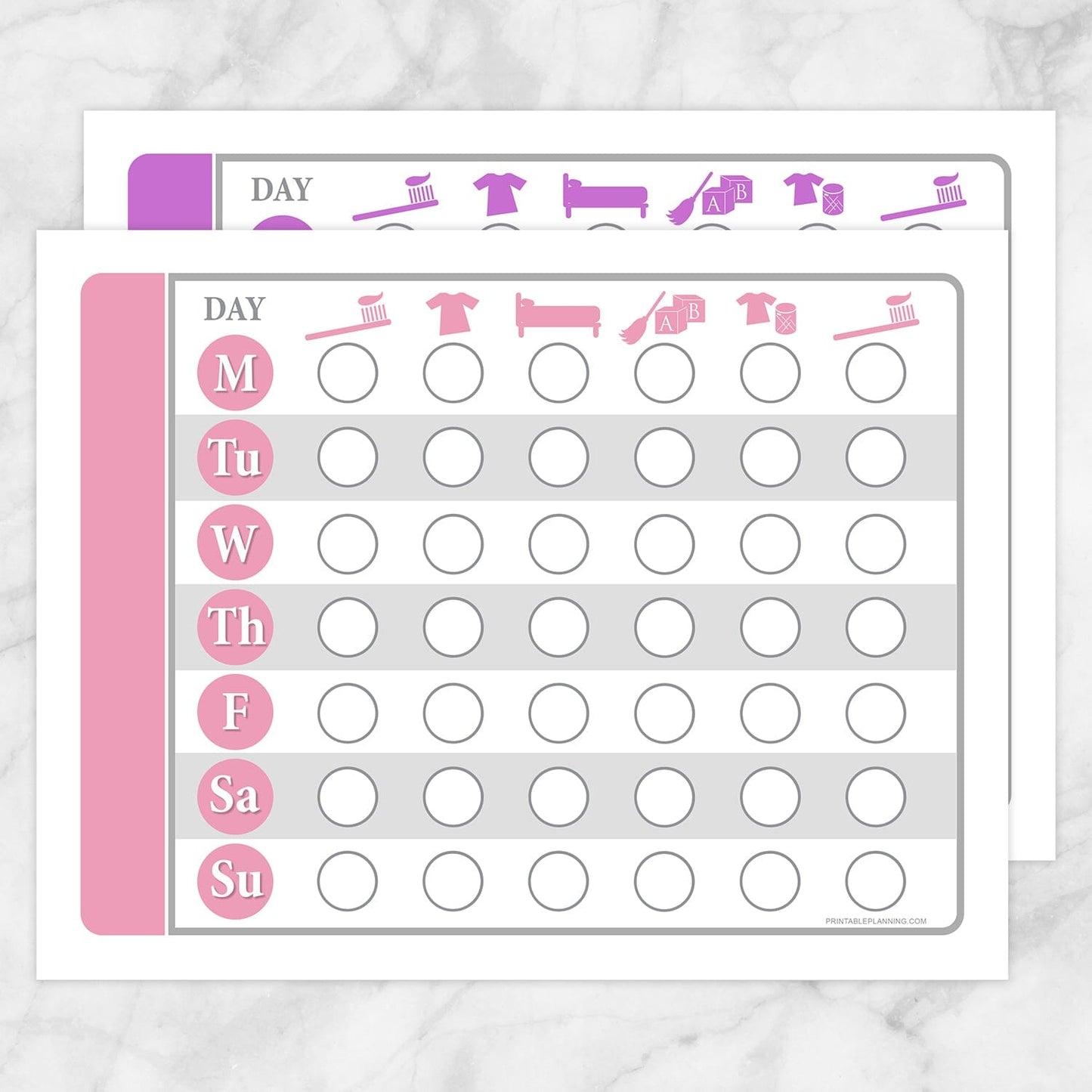 Printable Toddler Chore Chart BUNDLE - Pink Purple Daily Routine Weekly Pages at Printable Planning.