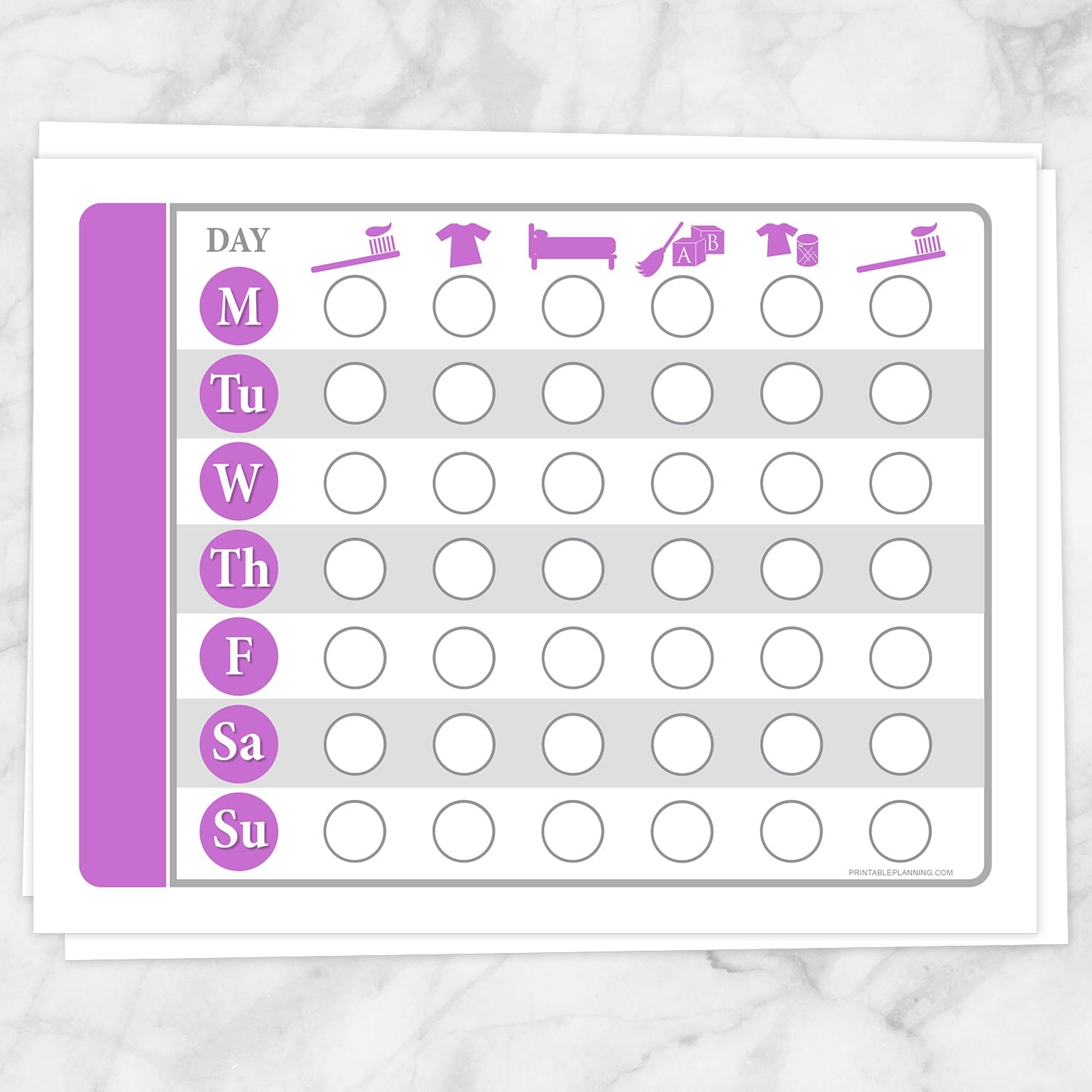 Printable Toddler Chore Chart - Daily Routine Weekly Pages in purple at Printable Planning.