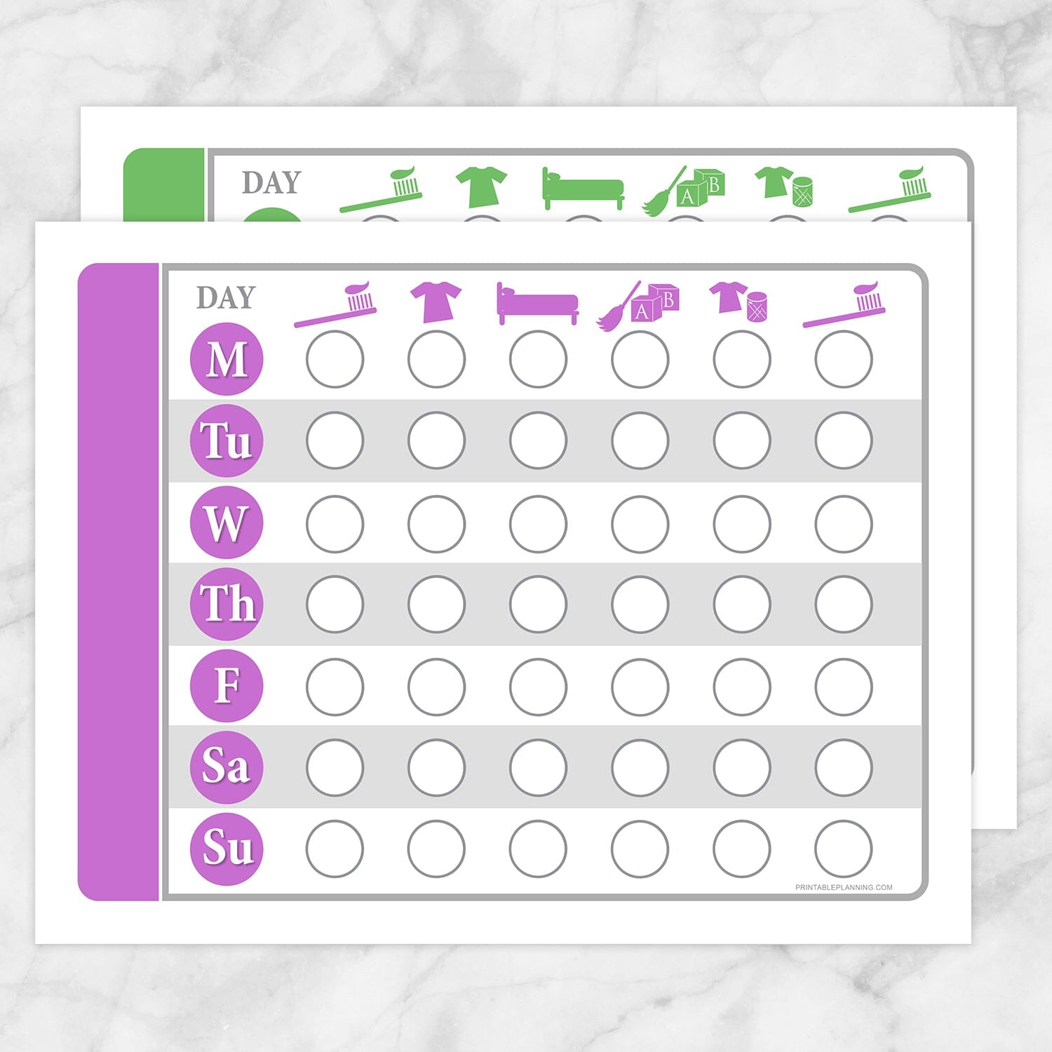 Printable Toddler Chore Chart BUNDLE - Purple Green Daily Routine Weekly Pages at Printable Planning.