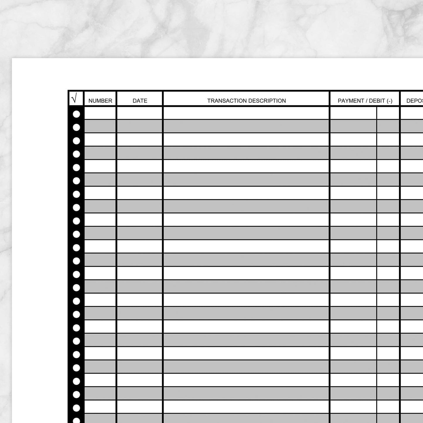 Printable Financial Transaction Register - Full Page at Printable Planning. Closer view of the page.