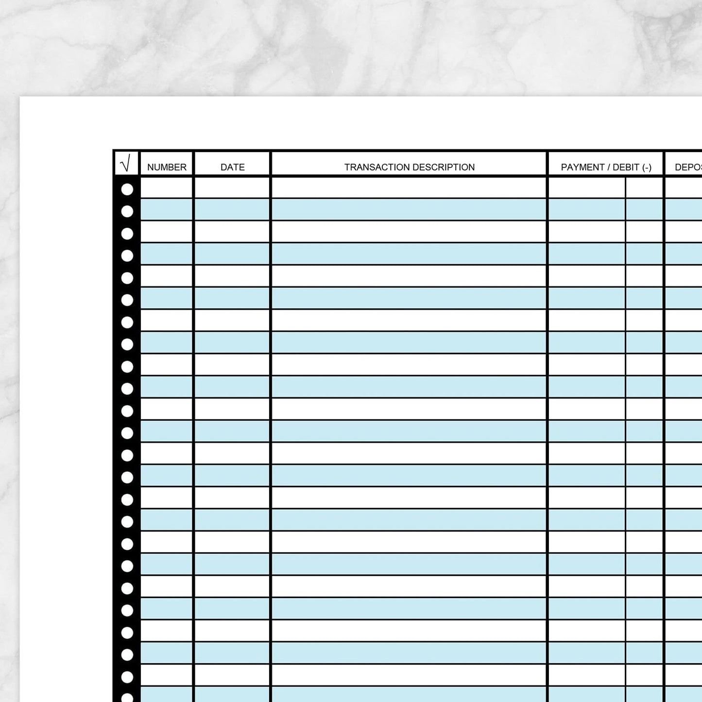 Printable Financial Transaction Register in Blue - Full Page at Printable Planning. Closer view of the page.