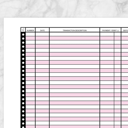 Printable Financial Transaction Register in Pink - Full Page at Printable Planning. Closer view of the page.