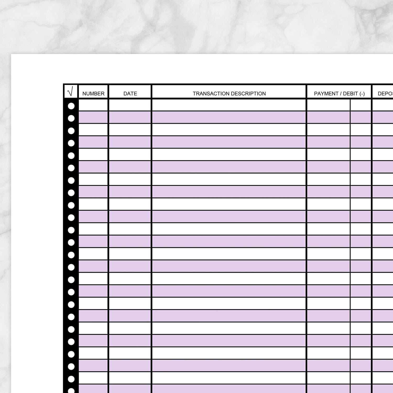 Printable Financial Transaction Register in Purple - Full Page at Printable Planning. Closer view of the page.