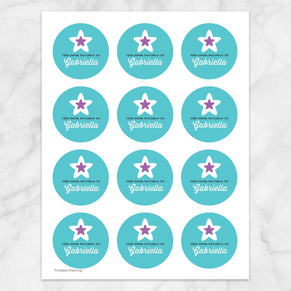 Printable Turquoise Purple Star Personalized Bookplate Stickers at Printable Planning. Sheet of 12 stickers.