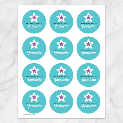 Printable Turquoise Purple Star Personalized Bookplate Stickers at Printable Planning. Sheet of 12 stickers.